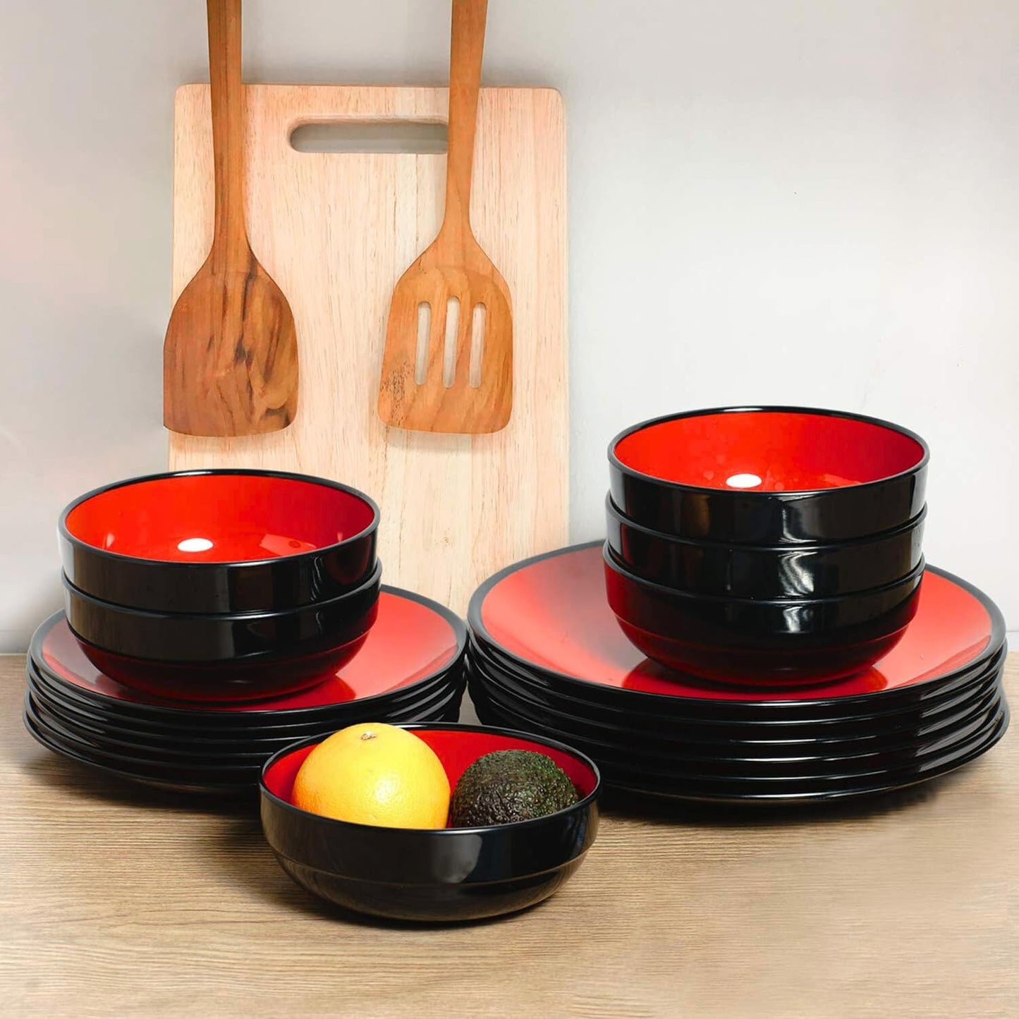 TP 12-Piece Dinnerware Set, Melamine Dishes Set with Bowls and Plates, Non-breakable and Lightweight Dinner Service for 4, Glossy Black and Red