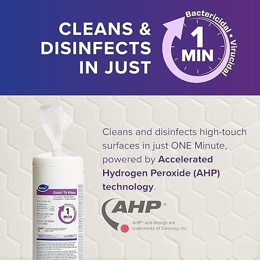 Oxivir Diversey Tb 5388471 Ready-to-Use Disinfectant Cleaning Wipes, Accelerated Hydrogen Peroxide, Large 7x8-Inch Sheets, 60-Wipes, 1-Slim Canister