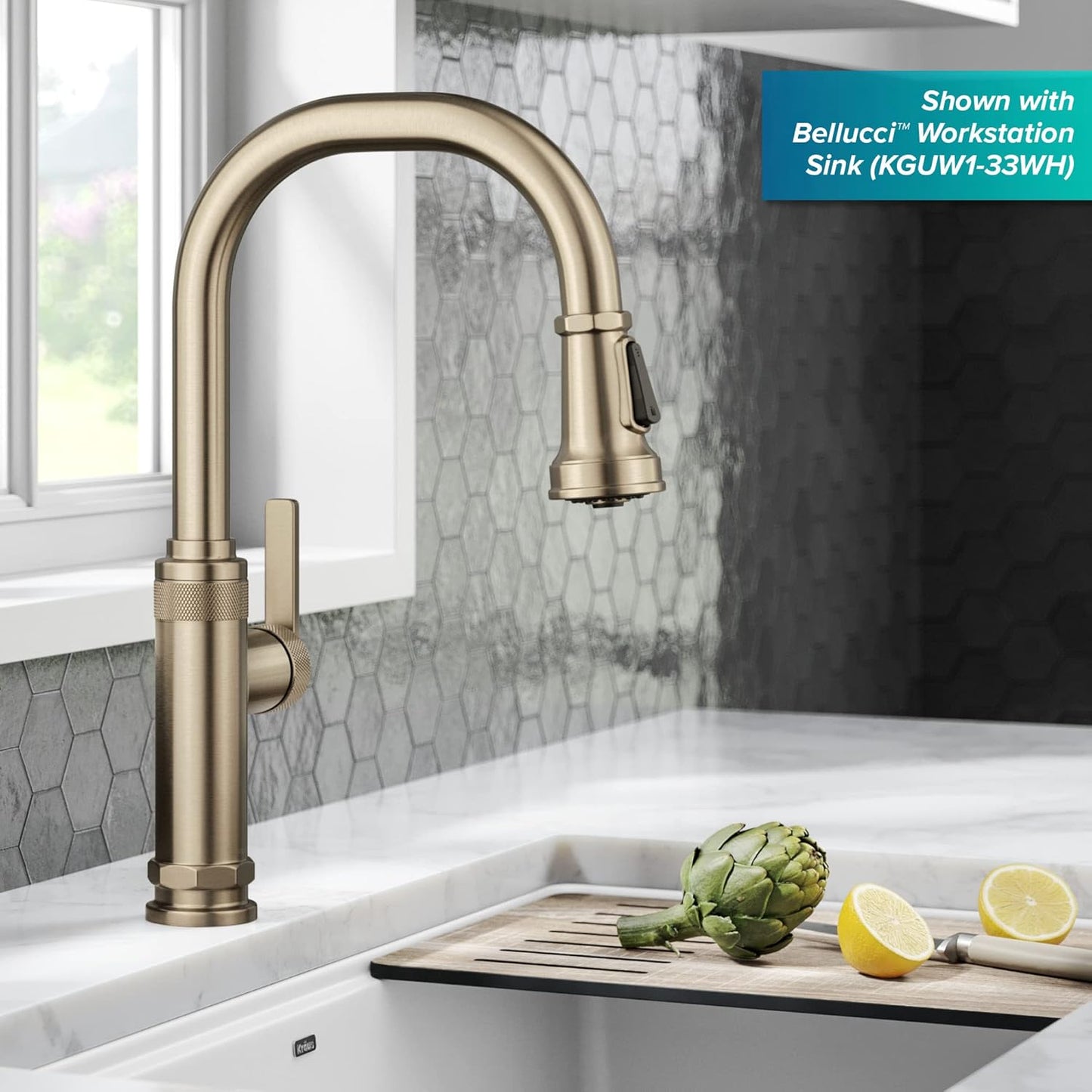 KRAUS Allyn Industrial Pull-Down Single Handle Kitchen Faucet in Spot-Free Antique Champagne Bronze, KPF-4102SFACB