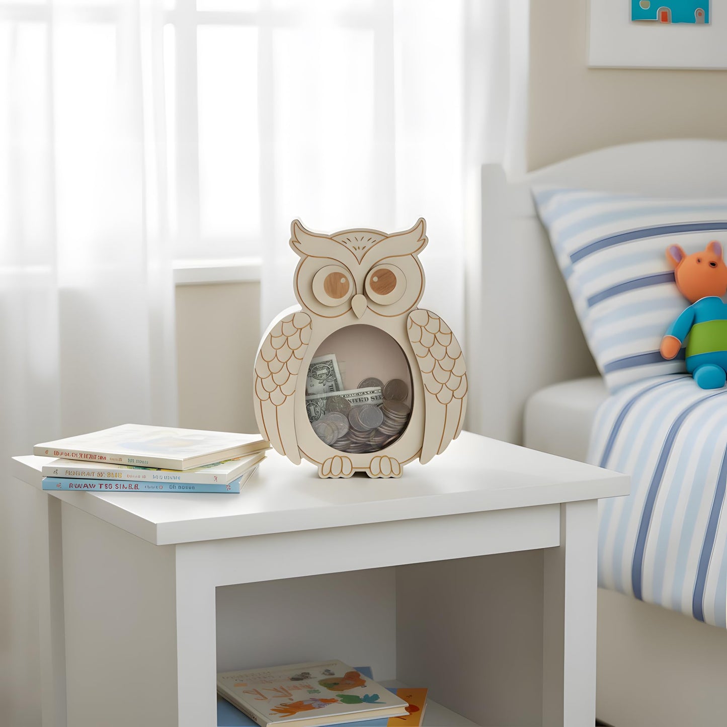 Owl Piggy Bank for Kids, Paint Your Own DIY Owl Bank with Clear Window, Wooden Savings Box for Coins and Bills, Room Decor Gift