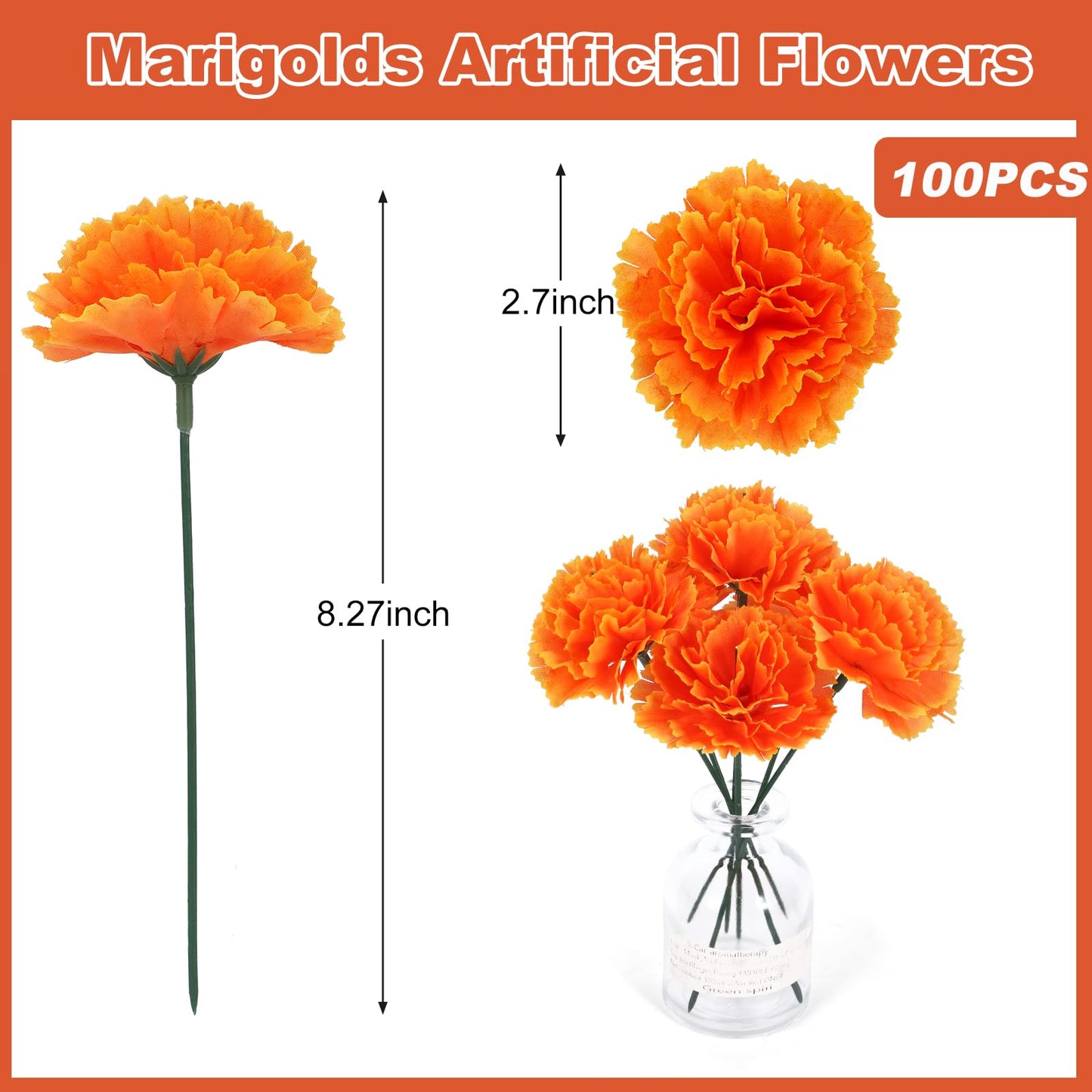 100PCS Marigold Flower Heads with Stems – Artificial Cempasuchil Flowers for Día de Los Muertos Altar, Day of The Dead Decorations, Halloween, Mexican Party, DIY Garland & Wreath Décor(Orange)