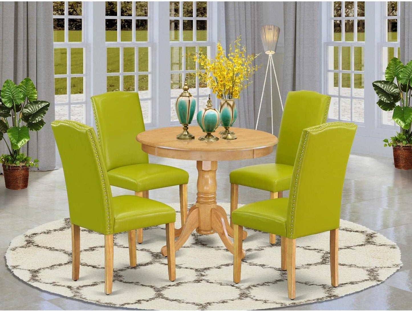 East West Furniture ANEN5-OAK-51 5 Piece Dinette Set Includes a Round Dining Table with Pedestal and 4 Autumn Green Faux Leather Upholstered Parson Chairs, 36x36 Inch, Oak