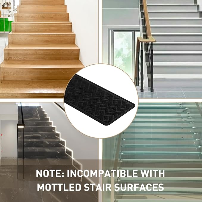 Stair Treads for Wooden Steps, 8" X 30" Non Slip Stair Runner Carpet Indoor with Reusable Adhesive Backing, Soft Tread Mat for Stairs, Ideal for Home, Polyester TPR Backing Stair Rugs-Black 15 Pack