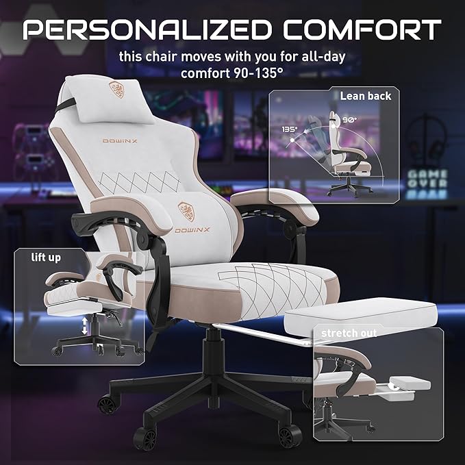 Dowinx Gaming Chair, Fabric Gaming Chairs for Adults with Pocket Spring Cushions and Lumbar Support, Ergonomic Massage Computer Chair with Footrest for Big and Tall, Beige