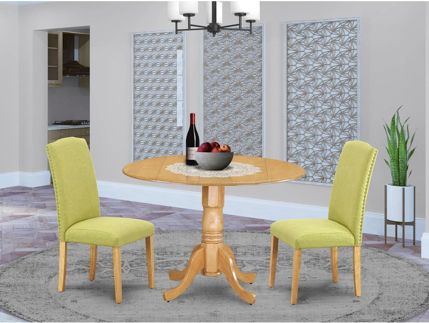 East West Furniture DLEN3-OAK-07 3 Piece Kitchen Table Set Contains a Round Dining Room Table with Dropleaf and 2 Limelight Linen Fabric Parson Dining Chairs, 42x42 Inch, Oak