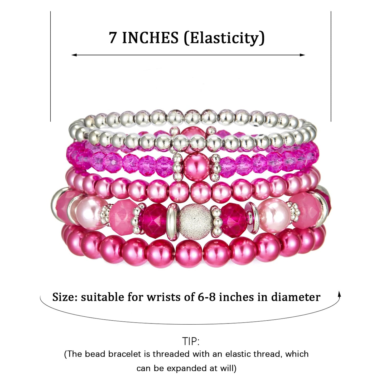 Noessla Beaded Pearl Stretch Bracelet Silver Stackable Crystal Beads Bracelets Trendy Costume Jewelry Mothers Day Gifts for Women(Hot pink)