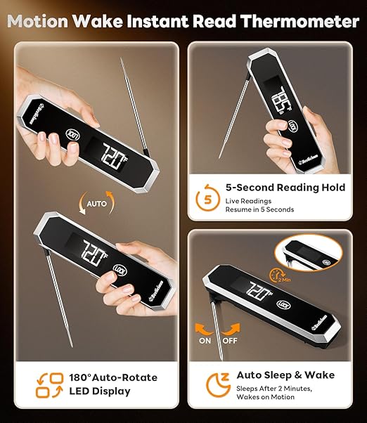 LockView FM151 Meat Thermometer with Temp Lock & Auto-Resume, Multi-Tested 0.5 Sec Instant Read Digital Probe, IP67 Waterproof 18/8 Stainless Steel for Cooking, Grilling, Black