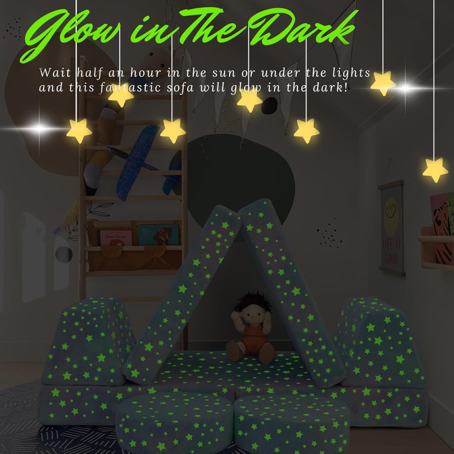 MeMoreCool Modular Glow Sofa for Kids, Colorful Star 8-Piece Convertible Foam Toddler Couch Play Set for Playroom and Children