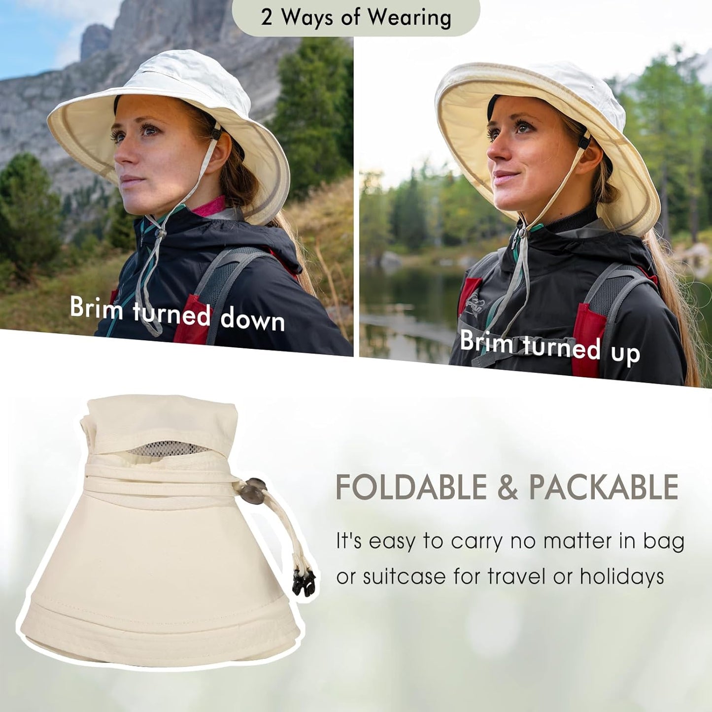 UV 50 Sun Hat for Women Wide Brim with Ponytail Hole Summer Packable Sunhat for Beach Fishing Hiking Gardening Waterproof