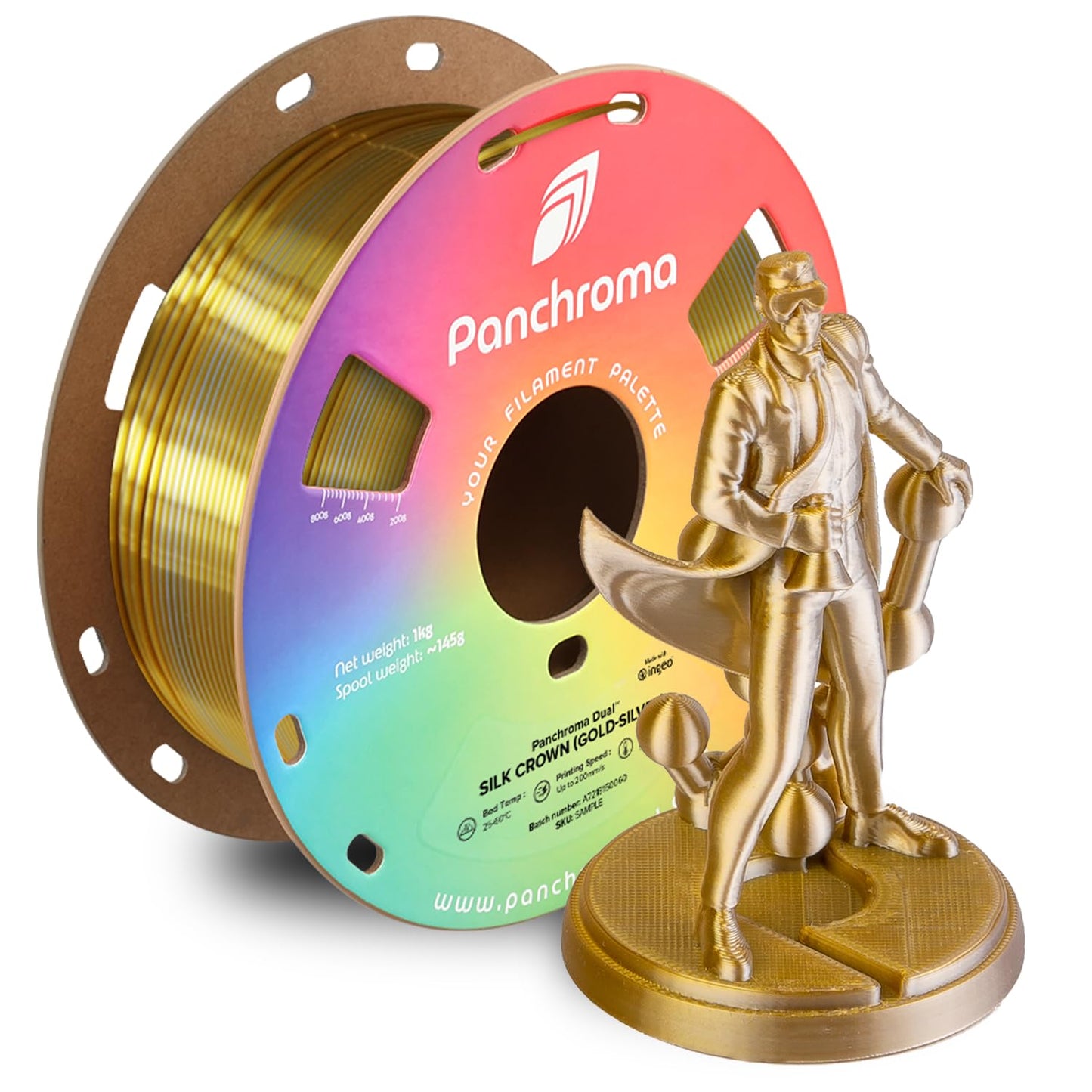 Polymaker Panchroma Dual Silk PLA 3D Printing Filament, 1.75mm 1kg, Silk Crown (Gold-Silver), New and Improved Formula, Better S