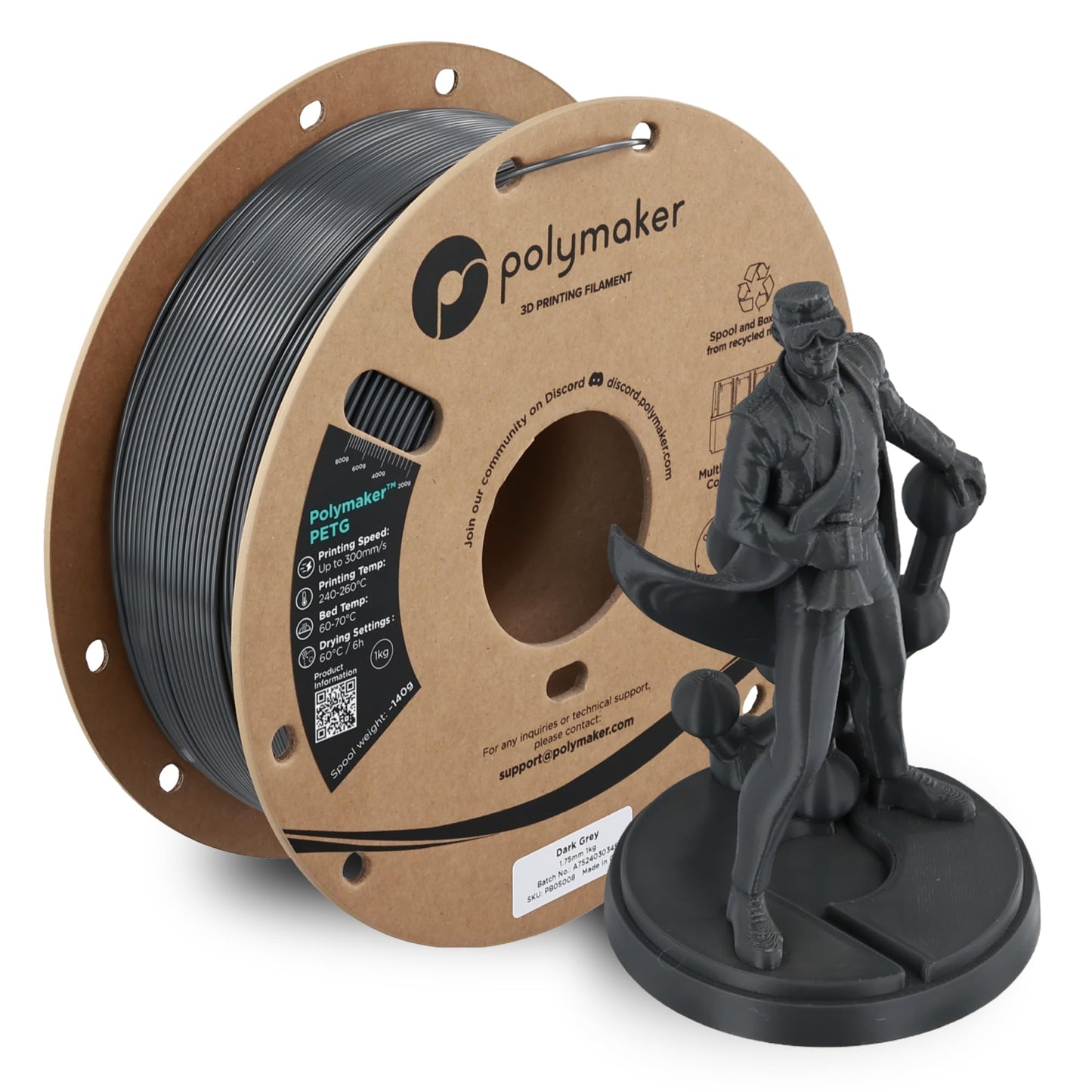 Polymaker PETG Dark Grey 3D Printer Filament 1.75mm 1kg, High Speed PETG up to 300mm/s, High Strength New Formula, Excellent Lay