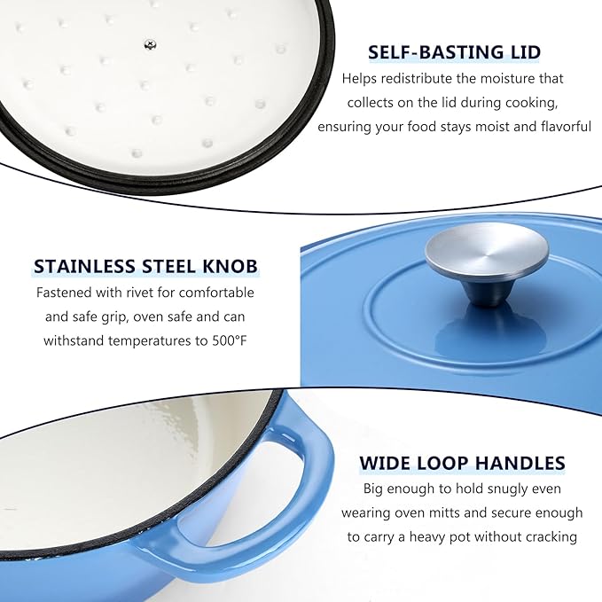3 Qt Enameled Cast Iron Dutch Oven with Lid, E-far Small Round Nonstick Dutch Oven Pot for Bread Baking Braising Stews Roasting Cooking, Heavy Duty, Induction & Oven Safe - Blue