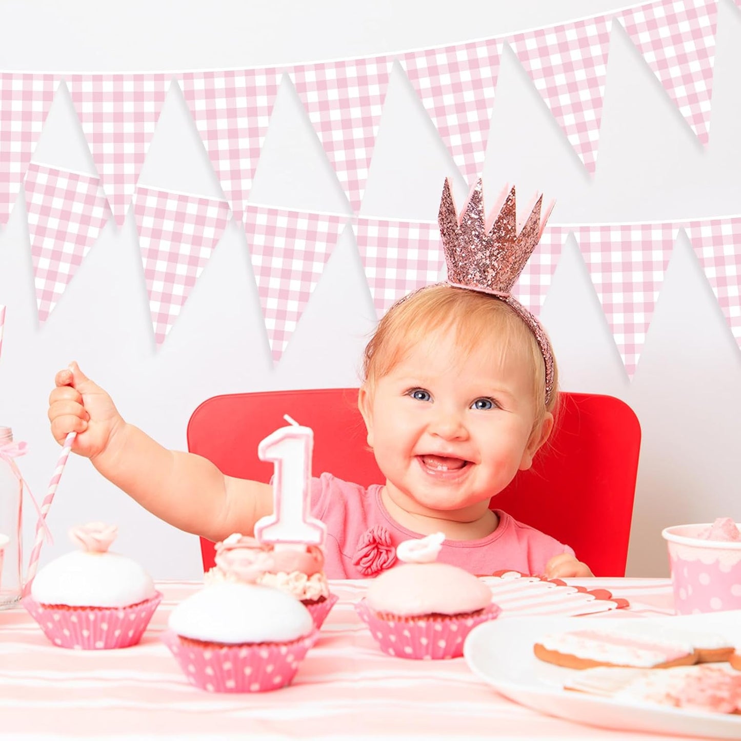 Pasimy 98.42 ft 120 Pieces Pink Gingham Pennant Banner - Pink Plaid Garland Decor Gingham String Triangle Party Bunting Flags for Birthday Baby Shower Party Decorations Supplies