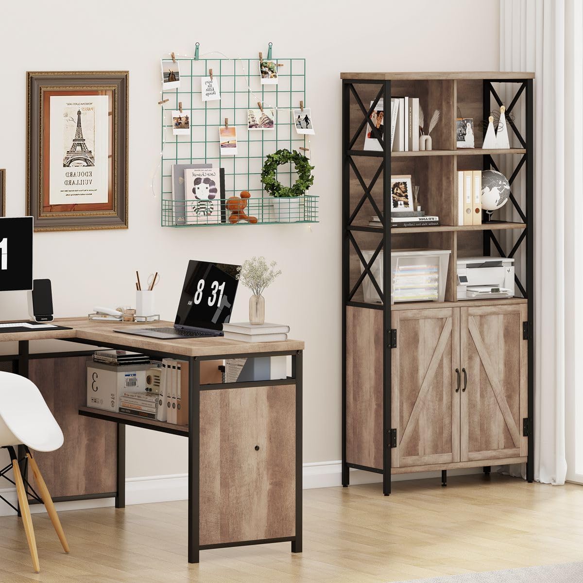 FATORRI Rustic Tall Bookshelf with Doors, Industrial Farmhouse Bookcase with Storage, 6 Cube Storage Organizer Book Shelf for Living Room, Home Office (Rustic Oak, 67 Inch)