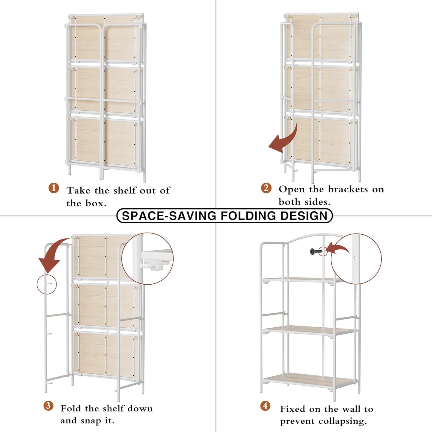 Crofy No Assembly Folding Bookshelf for Living Room, 3 Tier White Collapsible Book Shelf for Home Office, Portable Bookcase Storage Organizer