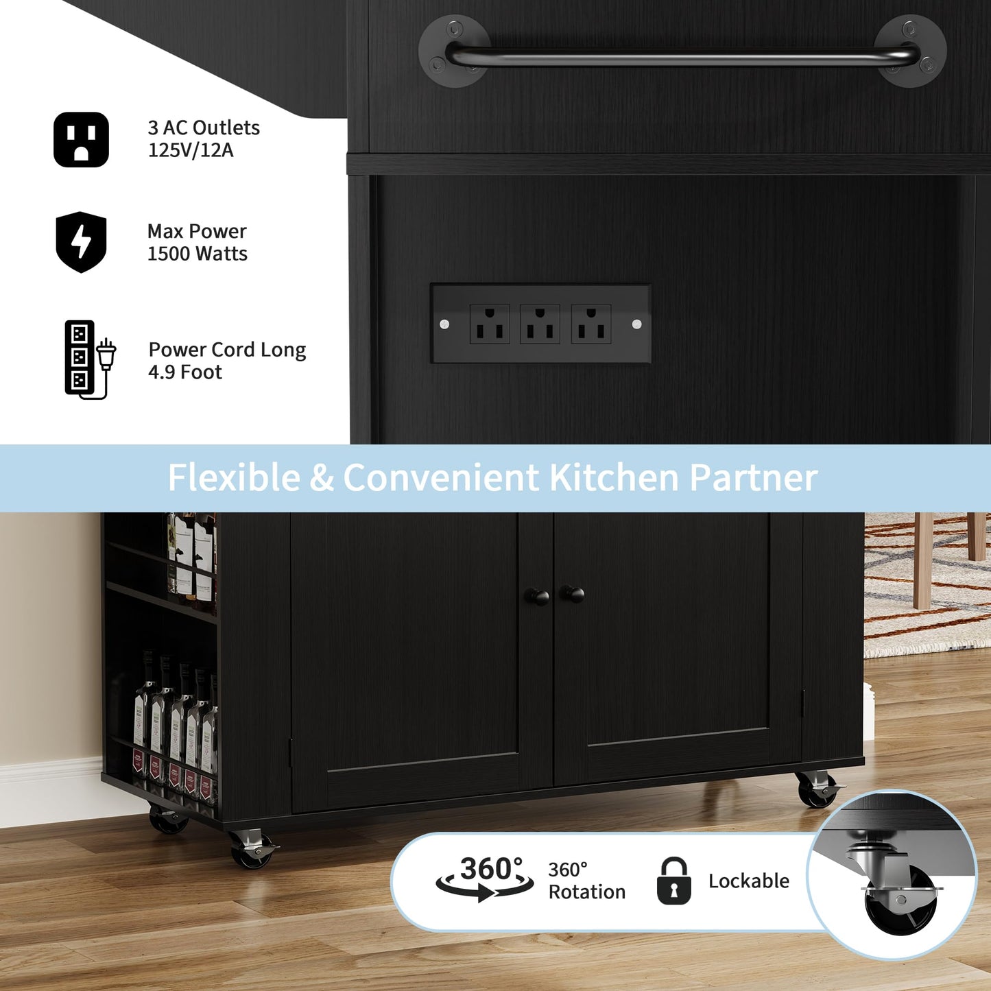 GarveeHome Rolling Kitchen Island with Drop Leaf Countertop, Charging Station & Ample Storage - 47.2 in Mobile Kitchen Cart On Wheels with Pull-Out Shelves, Drawers, Spice Rack & Organizer Divider