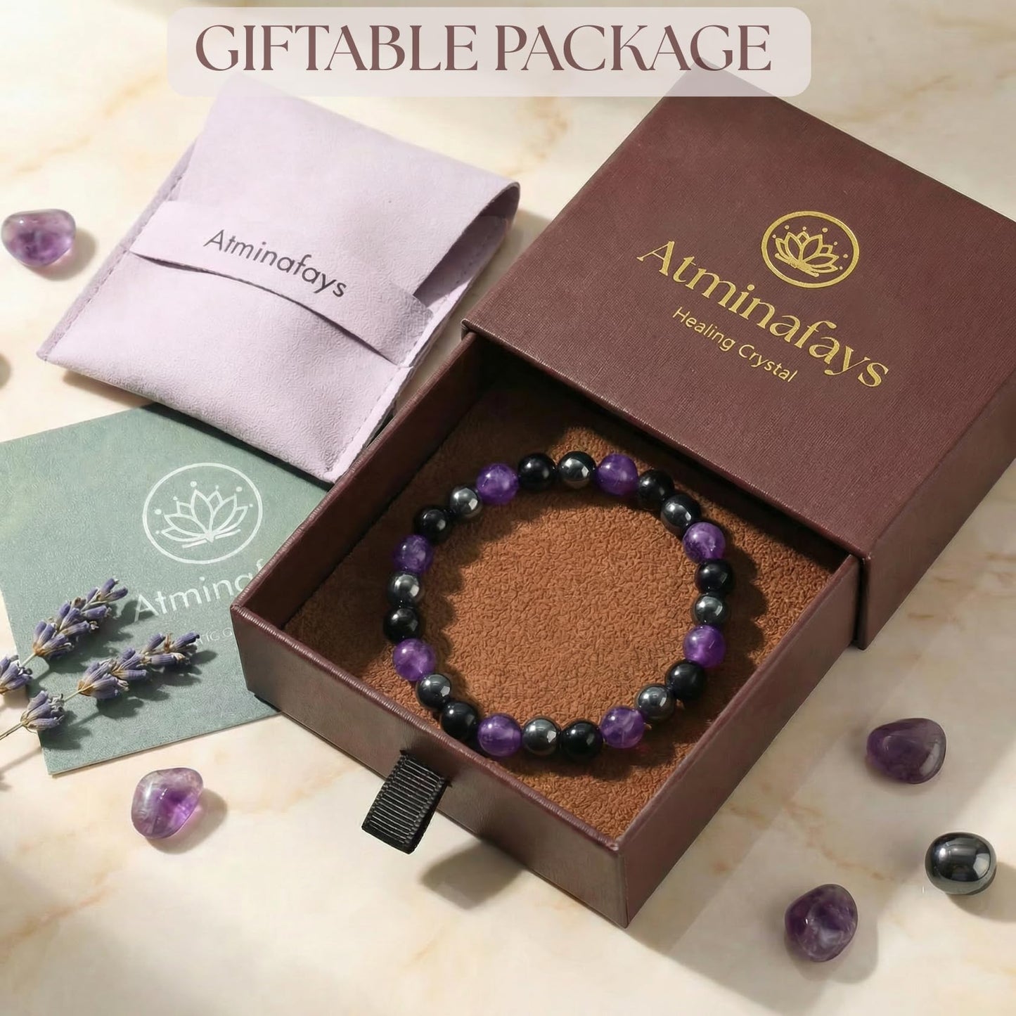 Atminafays Amethyst Healing Bracelet for Women Men - Anxiety Relief Bracelet with Chakra Stones Hematite & Obsidian for Energy Protection & Emotional Balance,Yoga Bracelet.