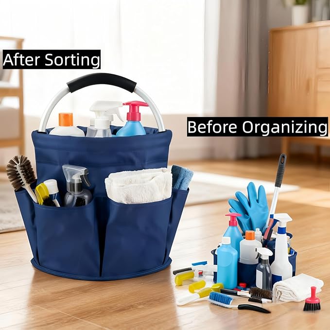 17L Cleaning Caddy With Handle, Foldable Storage Cleaning Product Organizer, Cleaning Caddy Organiser, Outdoor Camping,Portable Multifunctional Cleaning Bucket tool Bag Organizer (navy blue)