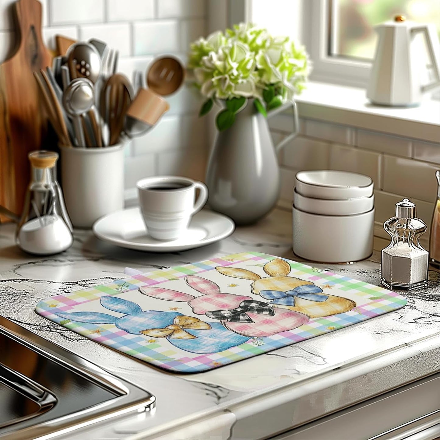Easter Drying Mat for Kitchen Counter - 16x18 In, Multi-color (Buffalo Plaid), Microfiber & Composite Sponge, Cute Bunny Pattern, Absorbent Dish Drainer Mat