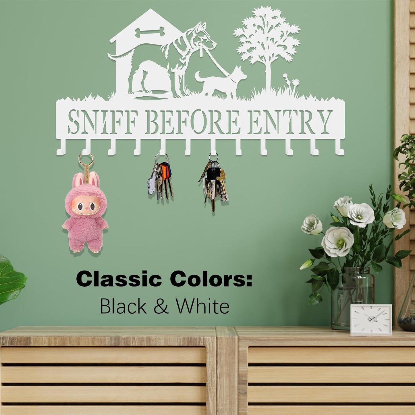 Custom Dog-Themed Key Hook Wall Decor,Personalized Engraved Metal Key Holder of Outdoor Doghouse&Daddy Dog and Puppy on Grass Design,Functional Key Hanger Wall Mount for Hallway