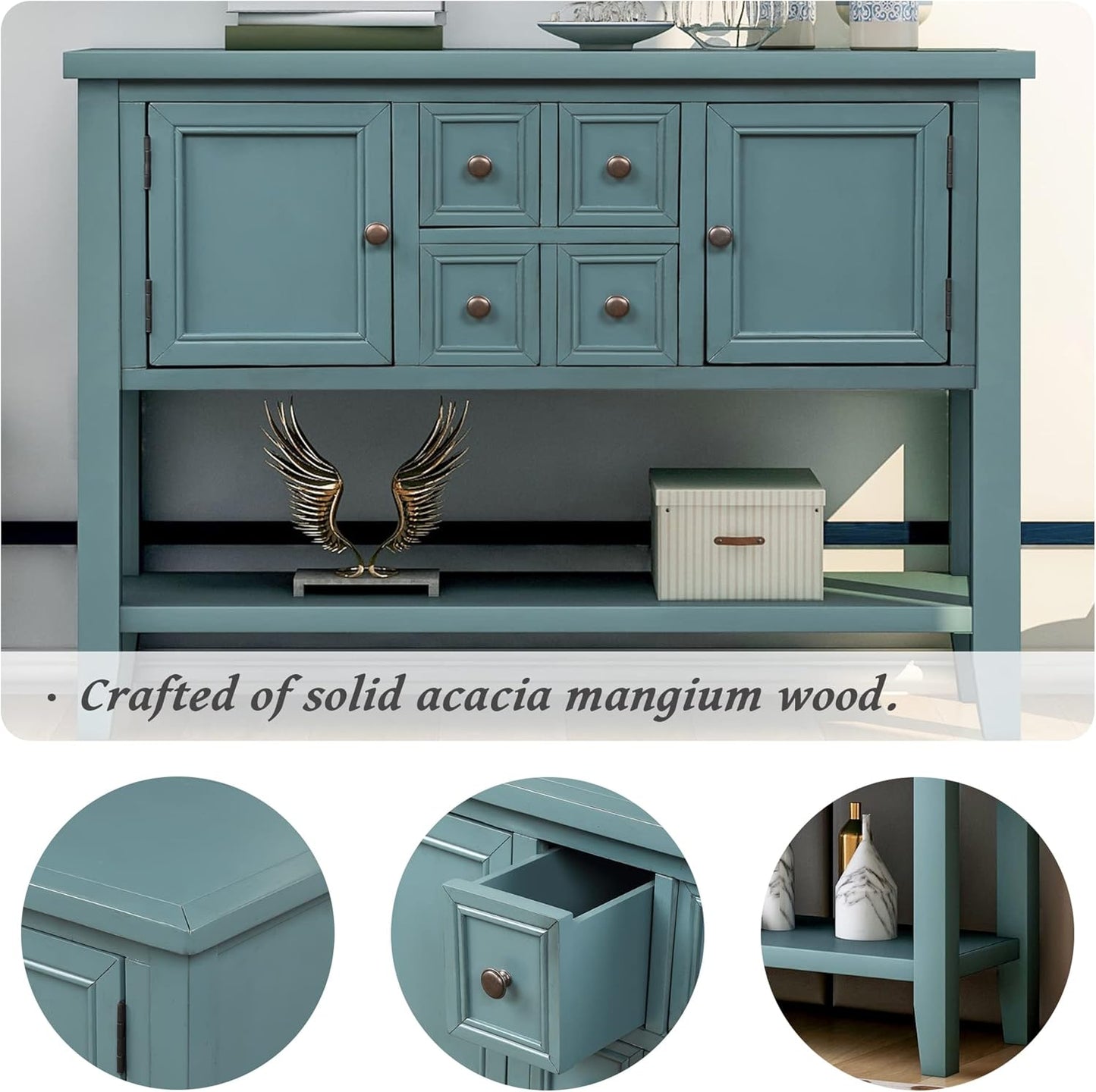 Merax Wood Farmhouse Buffet Table with Storage Shelf, 2 Drawers and Cabinets Buffet Coffee Bar Cabinet for Living Room Dinning Room Kitchen (Dark Blue)