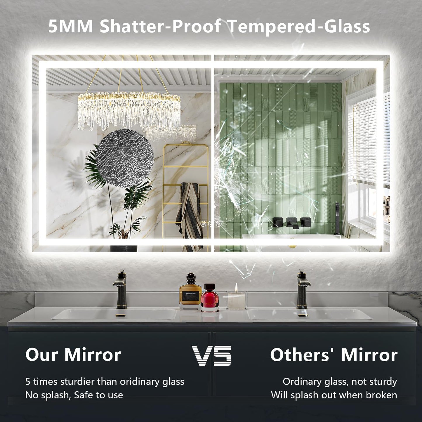 68x40 Inch LED Bathroom Mirror with Lights Front and Backlit Lighted Vanity Mirror for Bathroom Wall with 3 Colors Dimmable Anti-Fog Memory Shatter-Proof IP54 Waterproof Horizontal/Vertical