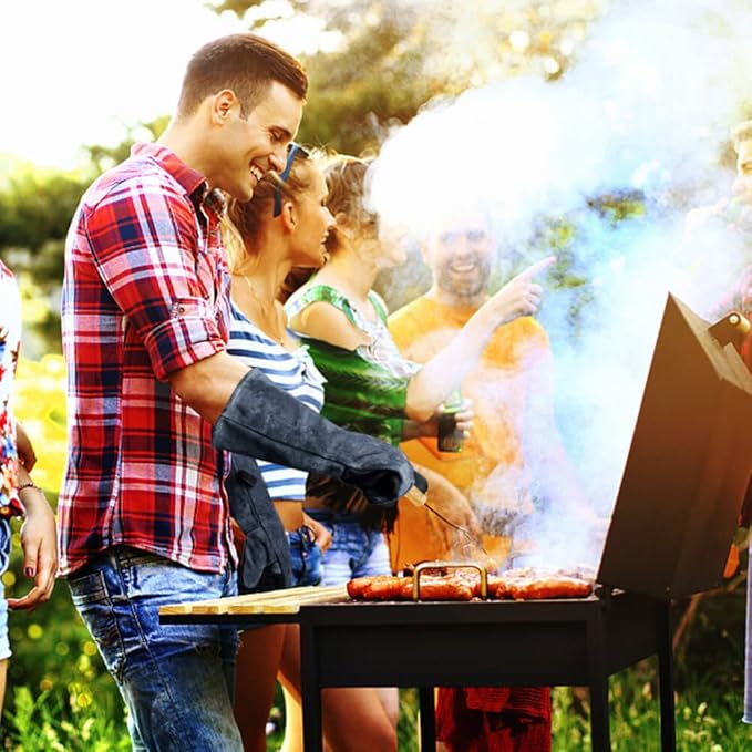 OZERO 932°F Heat Resistant Mig/Stick Welding Gloves 14 inches Cowhide Leather - Long Sleeve and Insulated Lining Barbecue Glove for Tig Welder/Grilling/Oven/Stove Black-gray