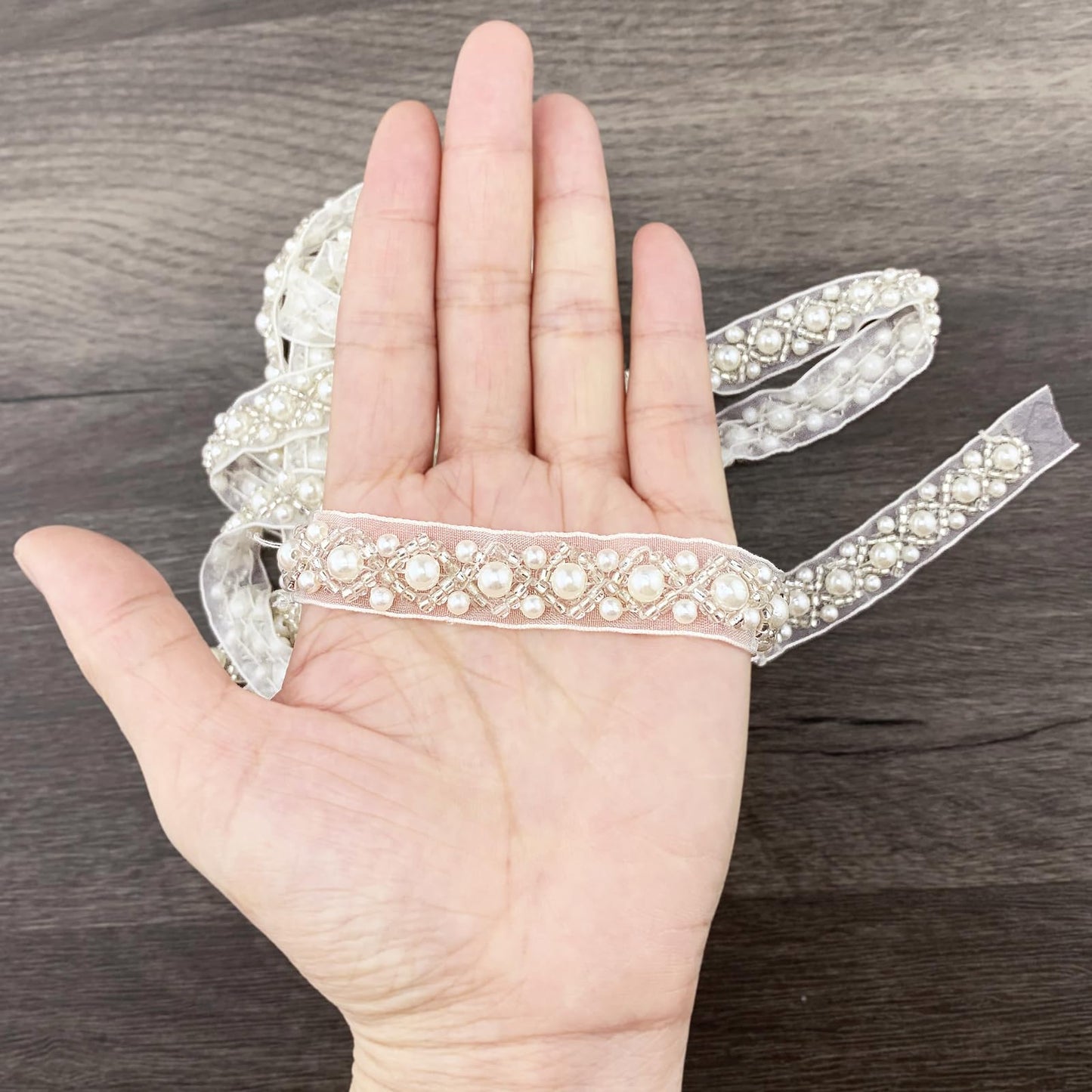 BETITETO 3Yards Pearl Beaded Trim Lace Ribbon Trimming Edge Embellishments for Sewing Bridal Dress Party Clothes Wedding Decoration Fabric Crafts DIY (Ivory Ribbon)