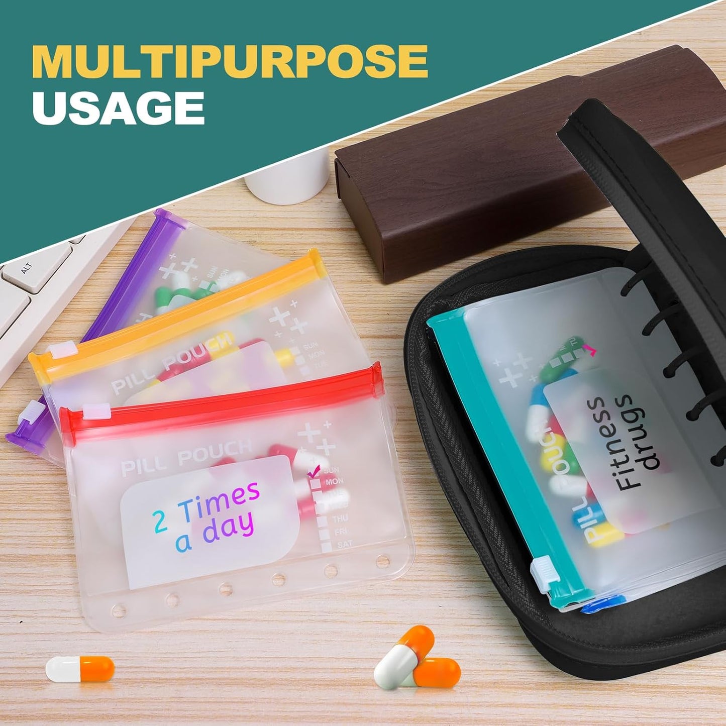 A7-L Water-Proof Pill Pouch Set, Large Pill Organizer, BPA Free, A7-L Pill Loose-Leaf Storage with Color-Coded Medicine Pouches, Reusable Travel Medicine Organizer, Zippered Pill Organizers Weekly