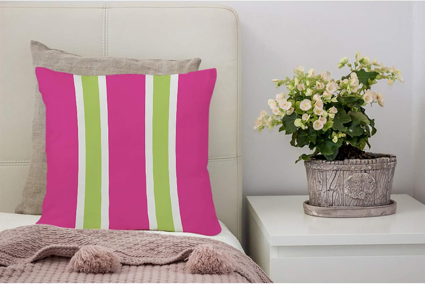 Throw Pillow Covers Chic Pretty Hot Pink Green Stripes Cotton Linen Decorative Square Pillowcases Cushion Cover 18 X 18 Inch