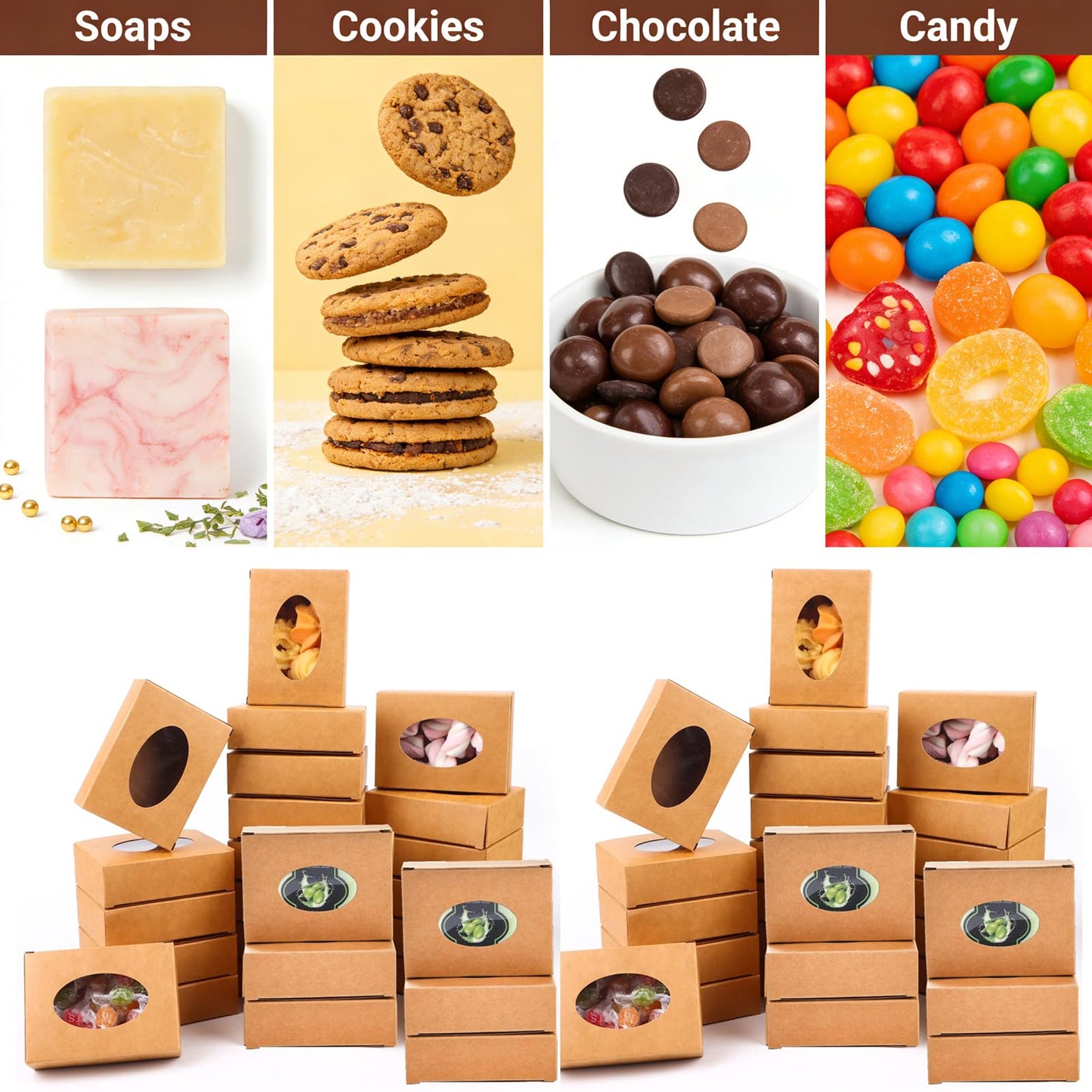 Zentriqlla 120 Pack Paper Soap Boxes, Kraft Treat Box with Window, Favor Packaging Boxes for Wedding, Birthday, Party, Homemade Bakery Candy Party Treats, Easy to Assemble