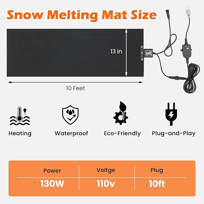 HOMREST Heated Snow Melting Walkway Mat,10" x 30" Heated Floor Mat with 10 Feet Long Power Cord,2 in/h Speed No-Slip Snow and Ice Melt with 1 Plug for Snow Removal,Winter Outdoor Steps,Doorways