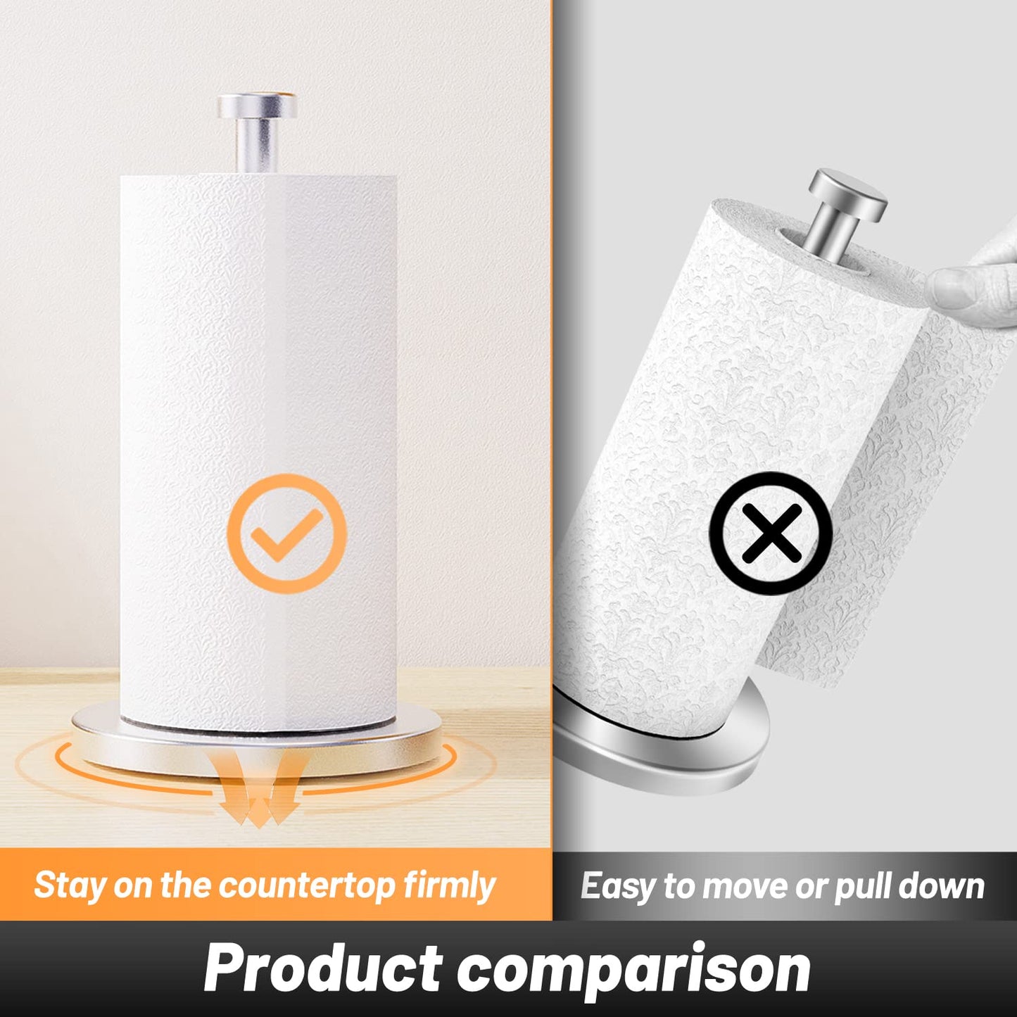 VEHHE Paper Towel Holder Countertop, Stainless Steel Paper Towel Holder Stand with Weighted Base Suction Cups, Standing Paper Towel Roll Holder for Kitchen Bathroom (Silver)