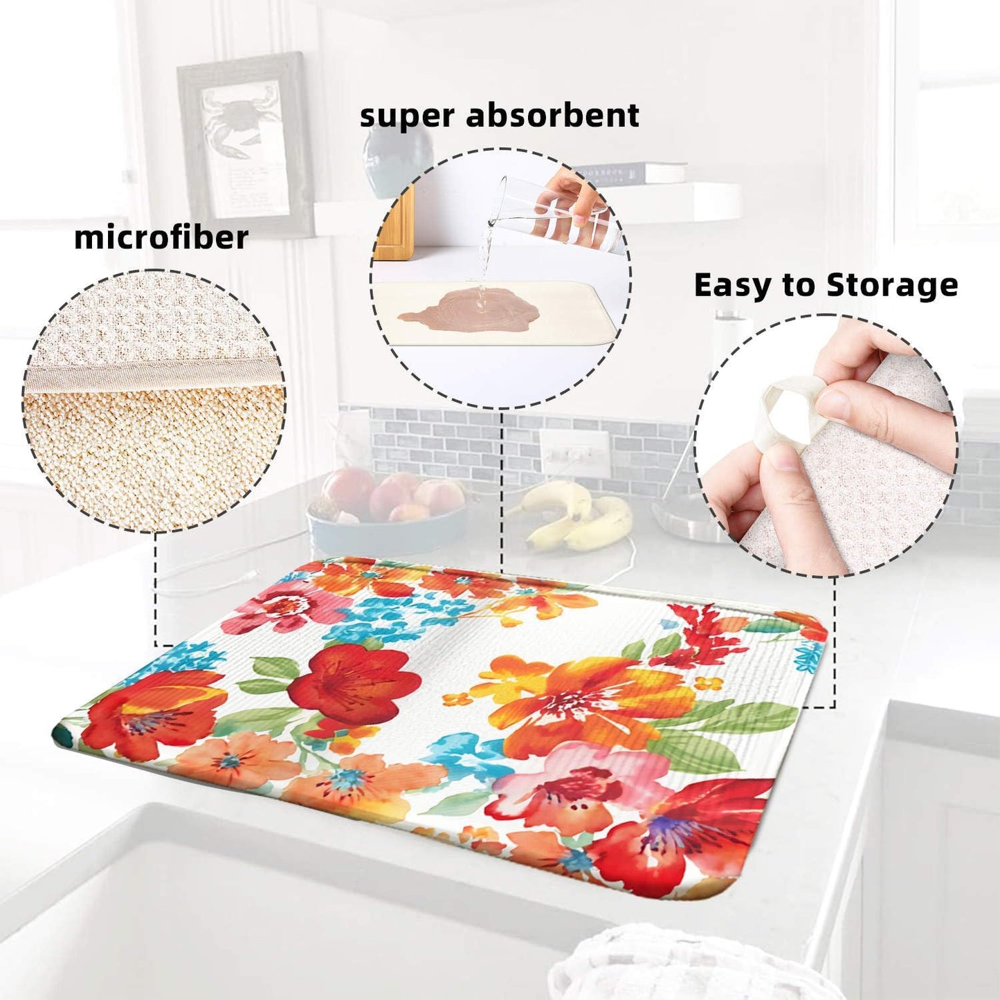 Red Floral Dish Drying Mat for Kitchen Counter Large 18x24 Microfiber Absorbent - Foldable, Non-Slip, Compact Kitchen XL Drying Mats for Dishes, Countertops, and Cookware