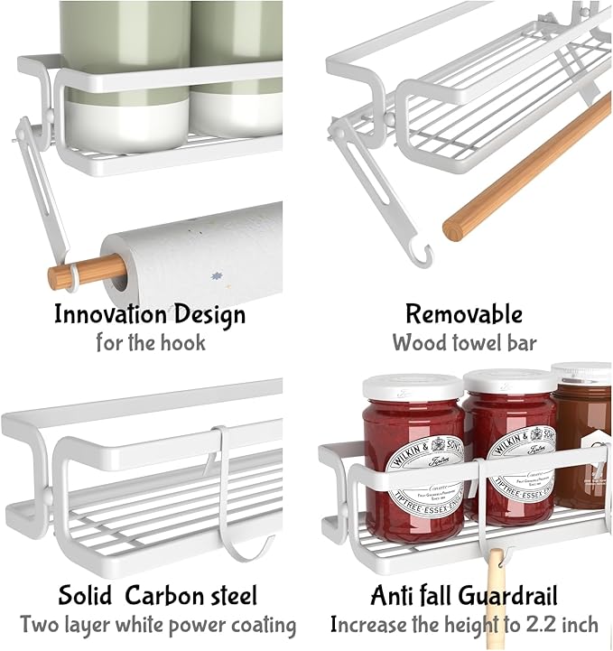 3 Pack Wall Mounted White Spice Rack With Paper Towel Holder and Hooks, Space Saving Adhesive Hanging Spice Rack for Spice Jars and Seasonings,Spice Racks Organizer for Cabinet,Pantry Door