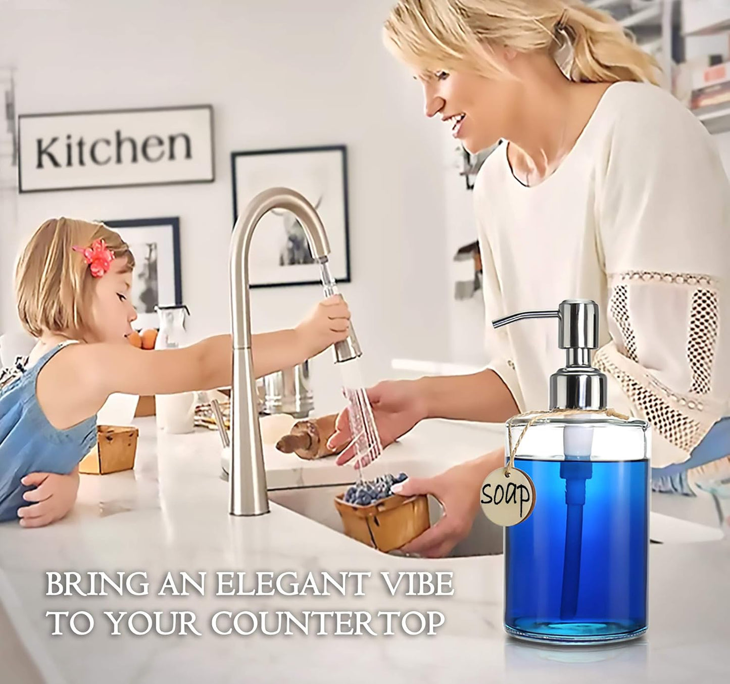 JASAI 16OZ Cylinder Glass Soap Dispenser with Rust Proof Stainless Steel Pump, Refillable Bathroom Soap Dispenser for Hand Soap, Dish Soap, Liquid Soaps and Kitchen (Clear)