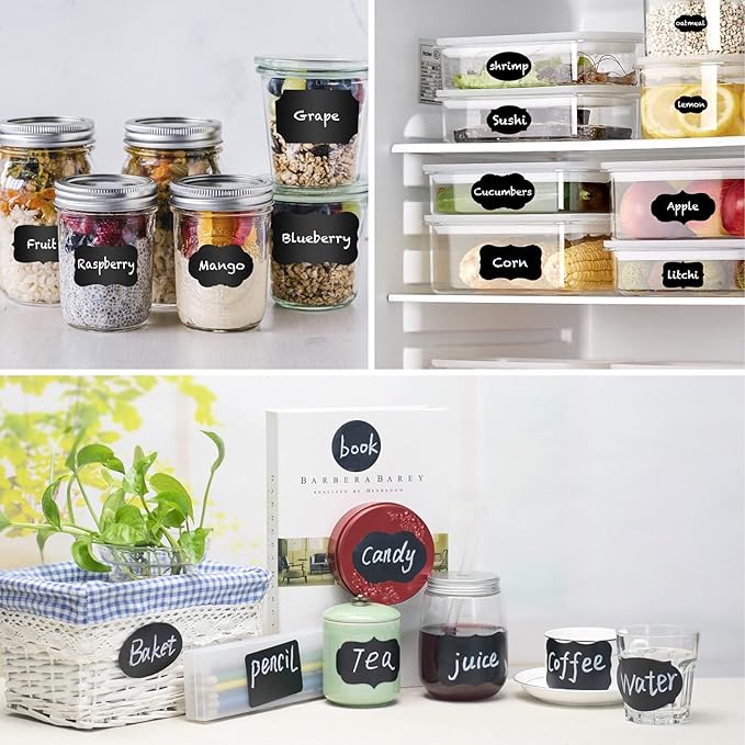 ONUPGO Chalkboard Labels-180pcs Waterproof Reusable Blackboard Stickers with 1 Liquid Chalk Marker for Mason Jars, Parties Decoration, Craft Rooms, Weddings, Storage, Organize Your Home & Kitchen