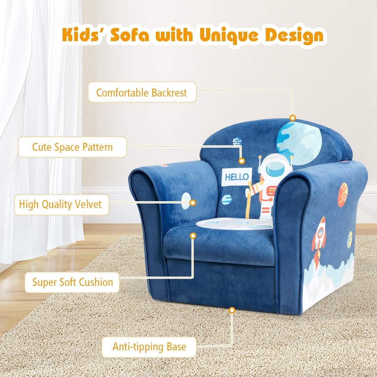 Costzon Kids Couch, Children's Sofa Armrest Chair with Pattern, Toddler Furniture w/Sturdy Wood Construction, Preschool, Lightweight Children Couch Sofa Chair for Aged 1-5 Boys & Girls Gifts, Spaceman