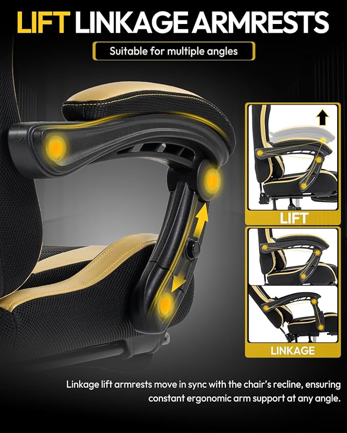 Gaming Chair with Footrest, Ergonomic 330lbs Leather Mesh Chair, Massage Lumbar Support,Adjustable Height & Headrest,Breathable Seat for Office, Home, Streaming, Long Gaming Sessions, Black and Golden