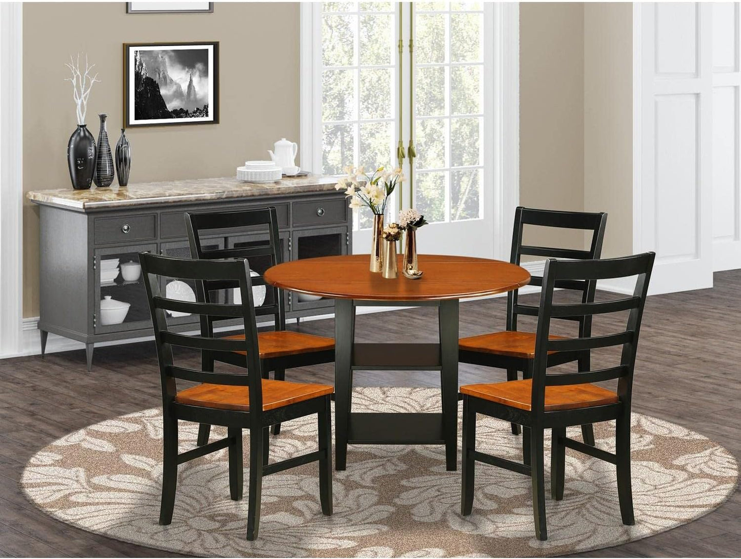 East West Furniture SUPF5-BCH-W 5 Piece Dining Set Includes a Round Dining Table with Dropleaf & Shelves and 4 Kitchen Chairs, 42x42 Inch, Black & Cherry
