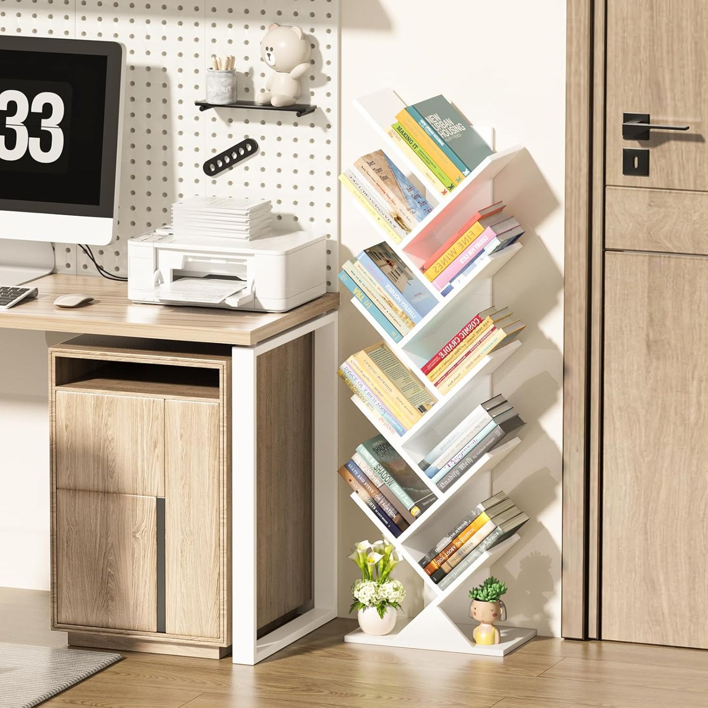 10 Tier Tree Book Shelf, Floor Standing Wood Bookshelf for Narrow Space, Storage Organizer Bookshelves for Books/CDs/Magazine, Bookcase with Shelves for Home Office, Living Room - White