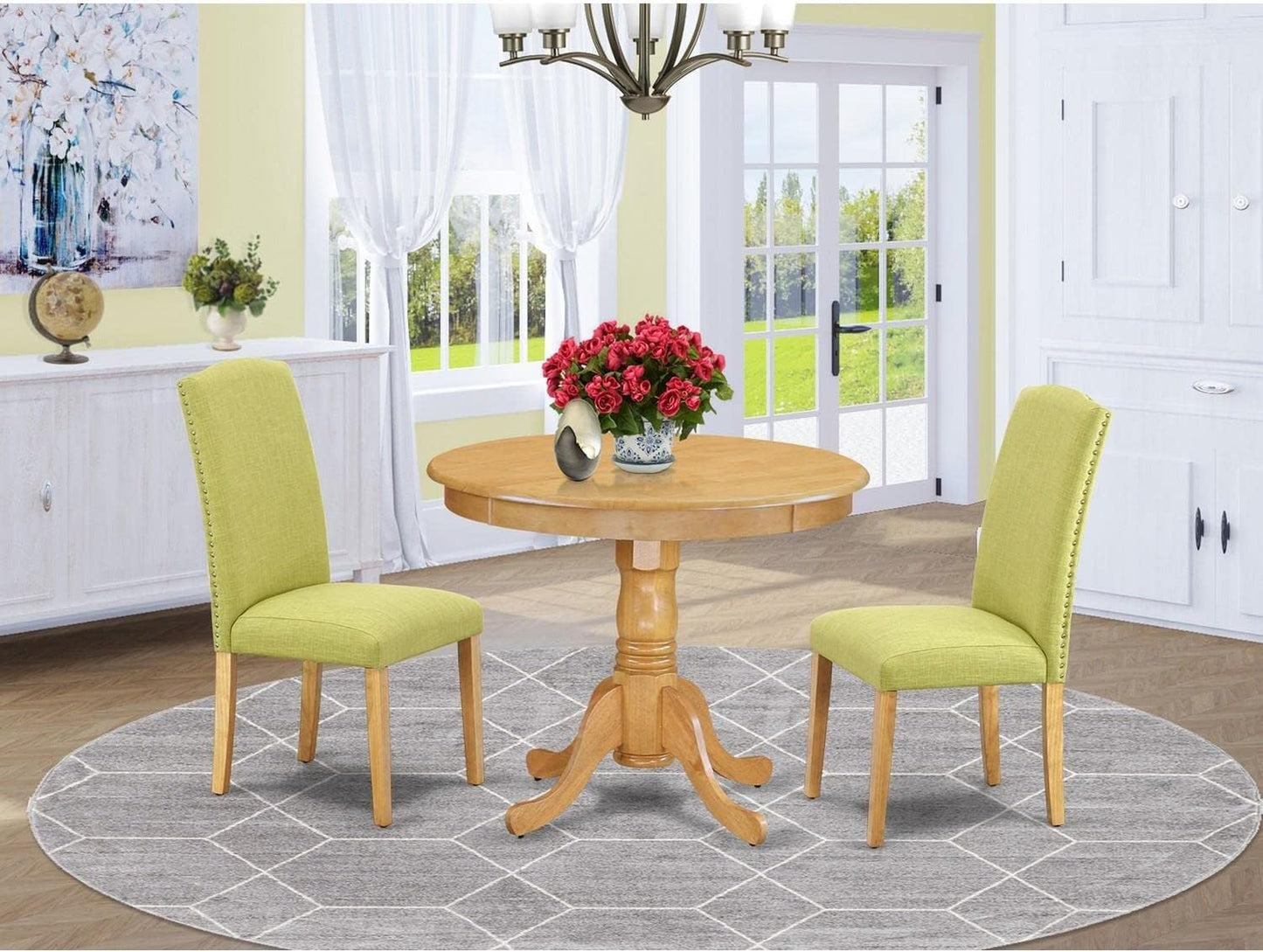 East West Furniture ANEN3-OAK-07 3 Piece Dining Room Furniture Set Contains a Round Kitchen Table with Pedestal and 2 Limelight Linen Fabric Parson Dining Chairs, 36x36 Inch, Oak