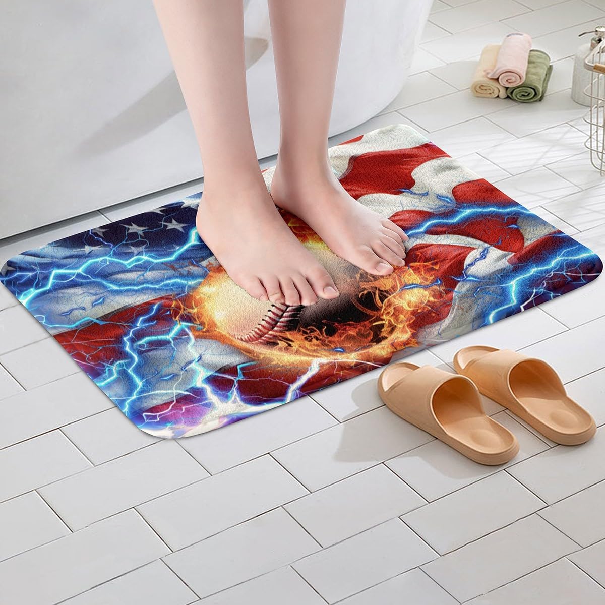 Feelyou 3D Baseball Soft Fleece Door Carpet American Flag Polyester Bath Rug for Kids Boys Girls Fire Ball Sports Non Slip Bath Mat Retro USA Flag Bathroom Floor Indoor Doormat,20x32 Inch