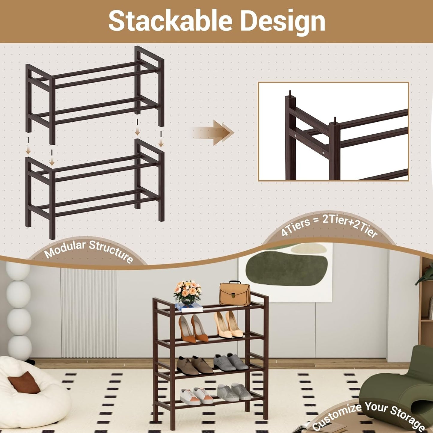 Haddockway Bamboo Shoe Rack for Closet, Free Standing Shoe Organizer with Smooth Round Rods & Convenient Handles, Stackable Shoe Storage Shelf for Entryway, Hallway(Brown, 4-Tier(Small))