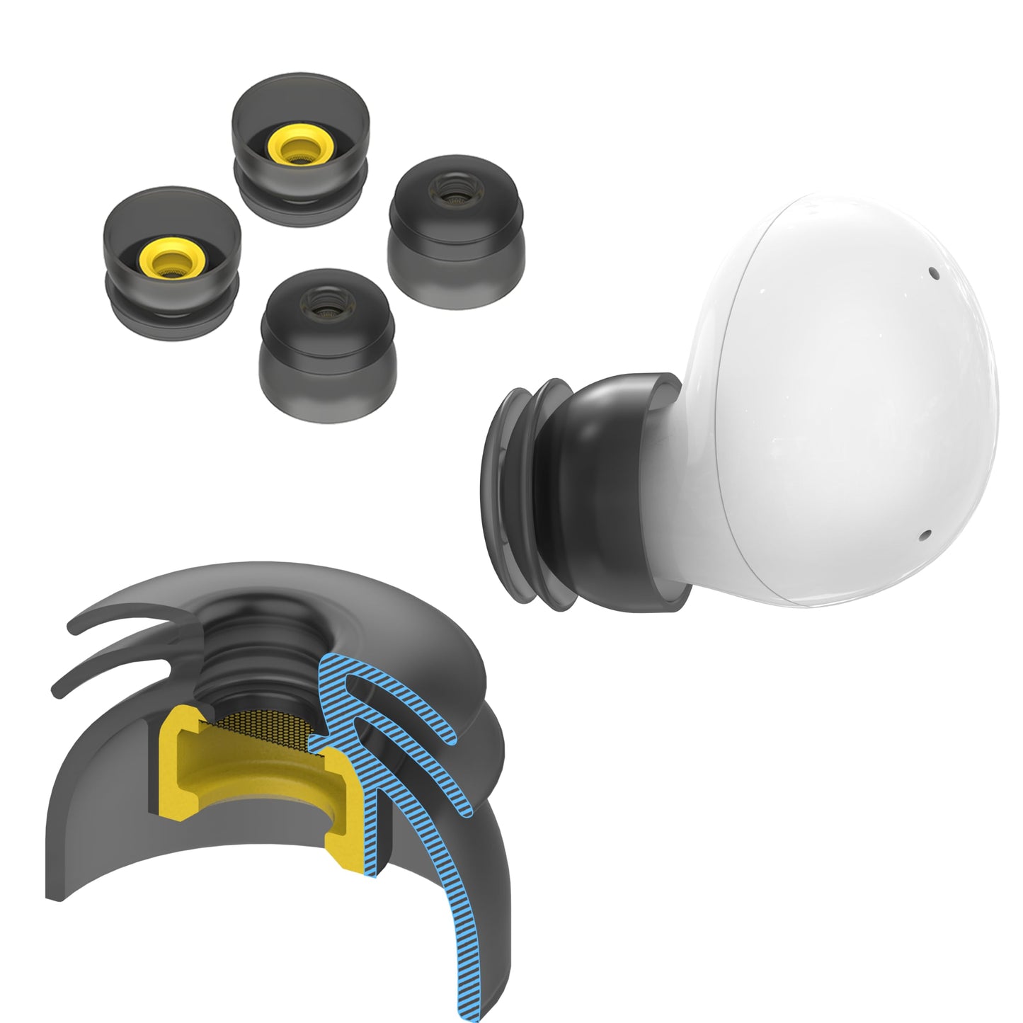 Premium Multi-Flange Eartips for Galaxy Buds2/Galaxy Buds FE (Black) – Always Fits, Never Slips -Like New