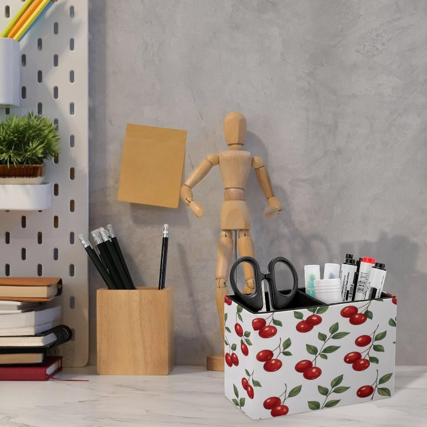 Cherry Pattern Lether Pen Holder for Desk Makeup Brush Holder Office Organizer Desk Accessory for School Office