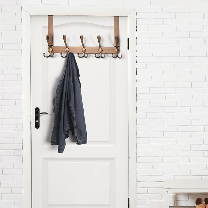 Dseap Over The Door Hook Hanger - 5 Tri Hooks, Heavy Duty Over The Door Towel Rack Coat Rack for Clothes Hat Towel,Red Antique Copper