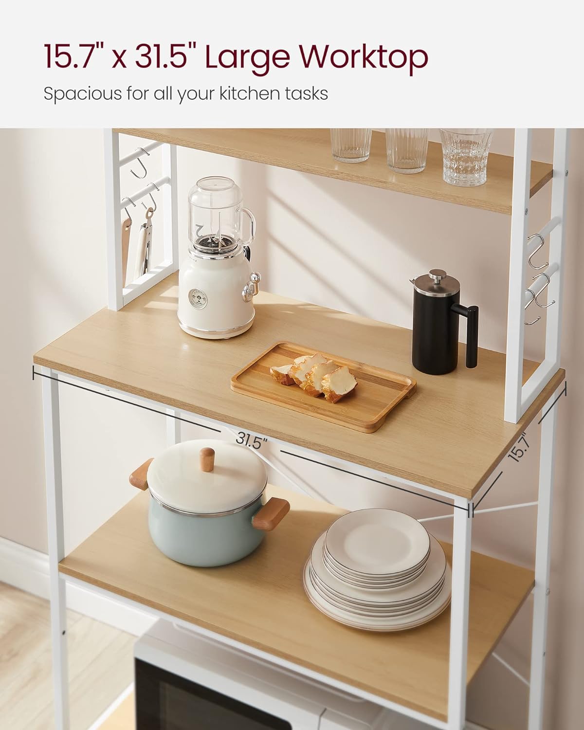 VASAGLE Coffee Bar, 31.5 Inches Baker's Rack for Kitchen with Storage, 6-Tier Kitchen Shelves with 6 Hooks, Microwave Stand, Industrial, Oak Colour and White UKKS019W09