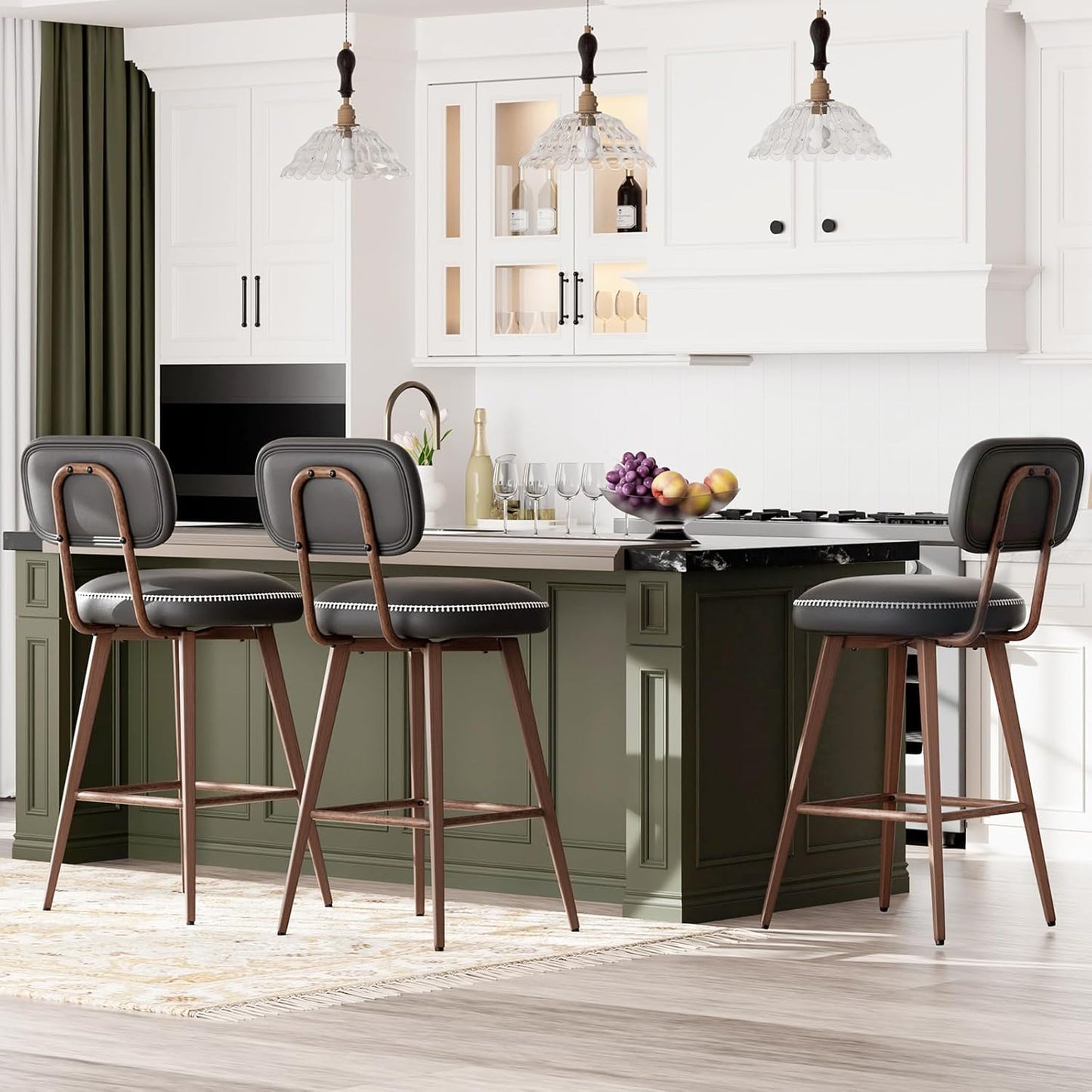 Swivel Bar Stools Set of 6, Mid Century PU Leather Counter Height Bar Chairs with Low Back and Metal Legs, Modern Bar Stool Chair for Kitchen Island, Black
