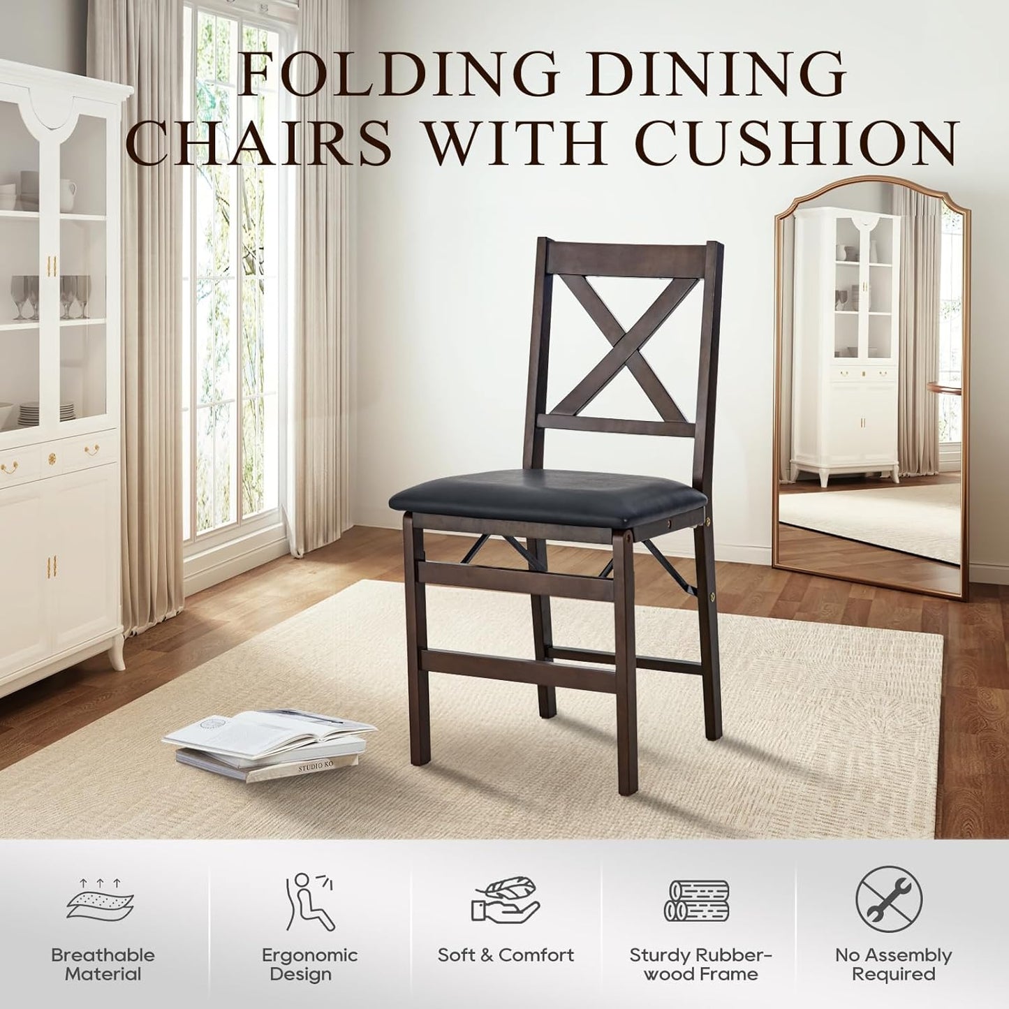 COLAMY Folding Dining Chairs Set of 4, Foldable Chairs with Padded Seats, Wood Folding Dining Room Chairs for Kitchen, Party, Camping, Dark Brown